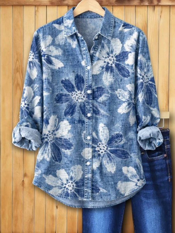 Norielle Jean Classic květovaná halenka denim efekt