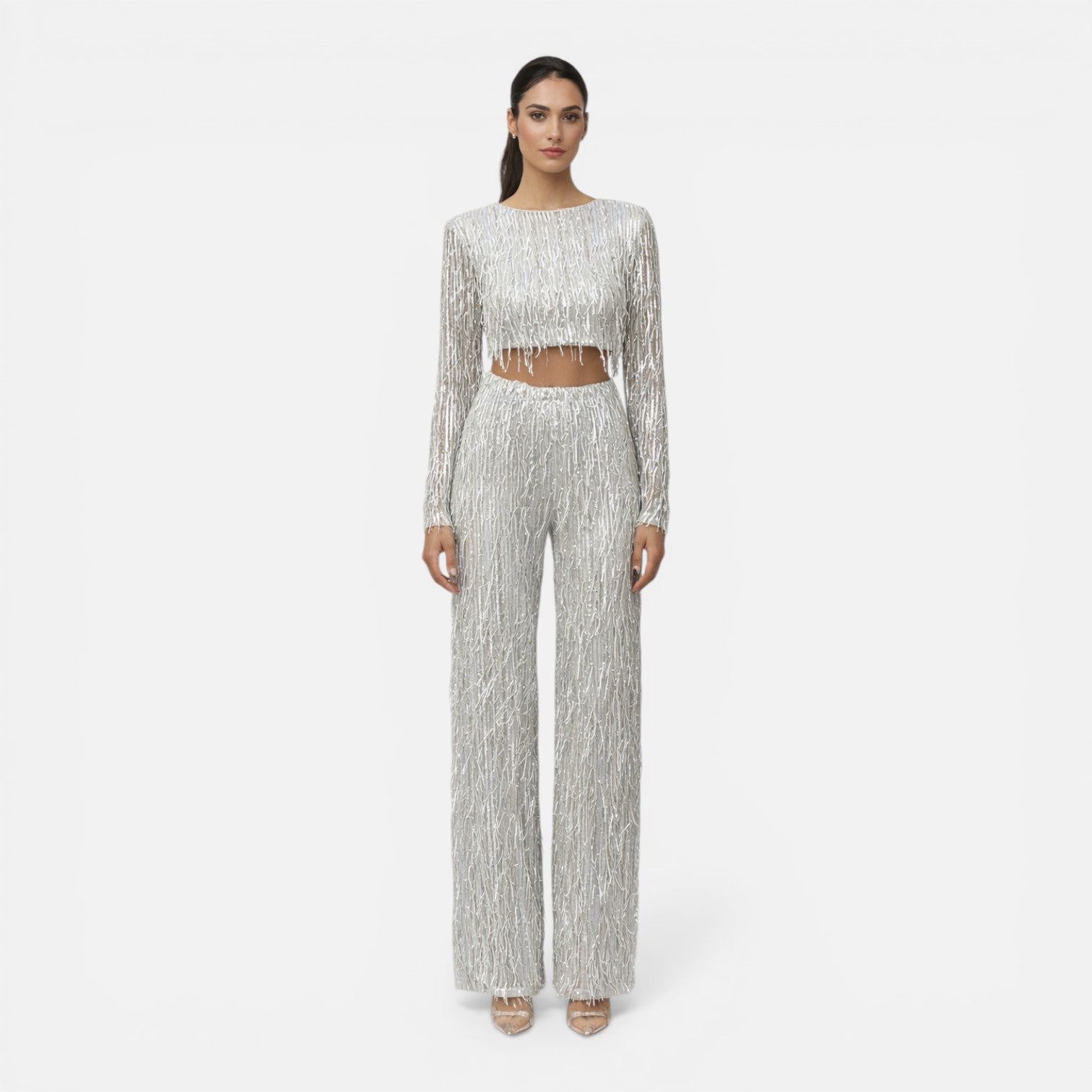 Norielle flitrová souprava crop top a kalhoty stříbrná