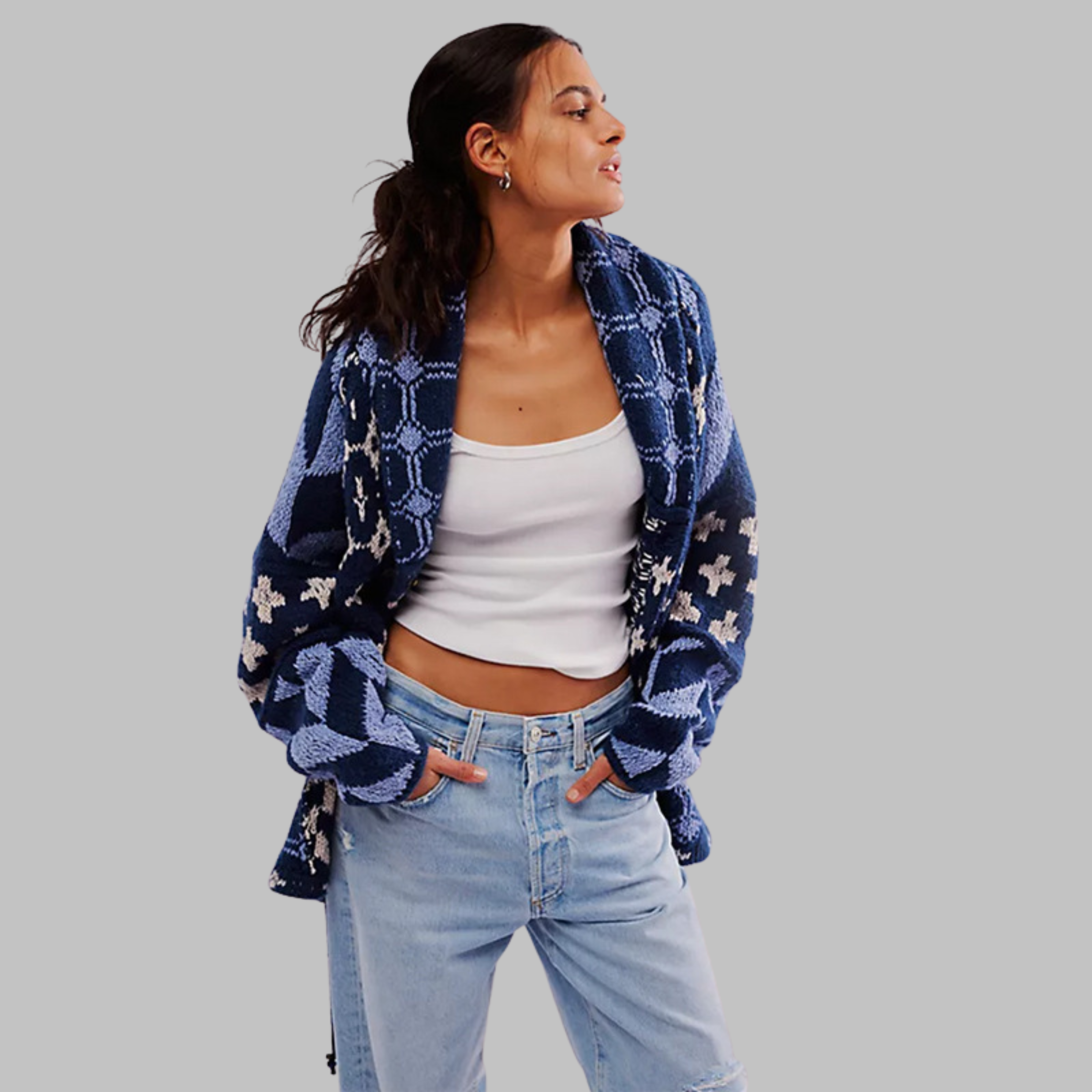 Norielle cardigan oversize modrý geometrický vzor