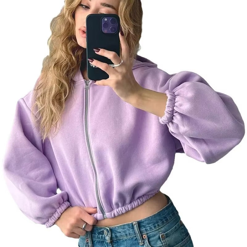Norielle crop mikina na zip s kapucí růžová S zkrácená