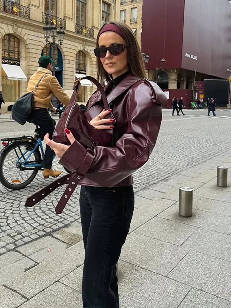 Norielle krátká oversize bunda z eko kůže hnedá