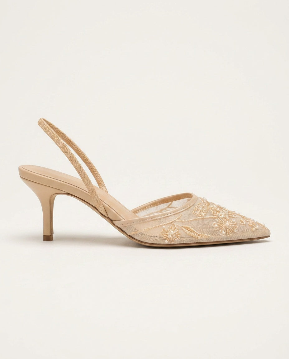 Norielle krajkové slingback lodičky kitten podpatek bílé