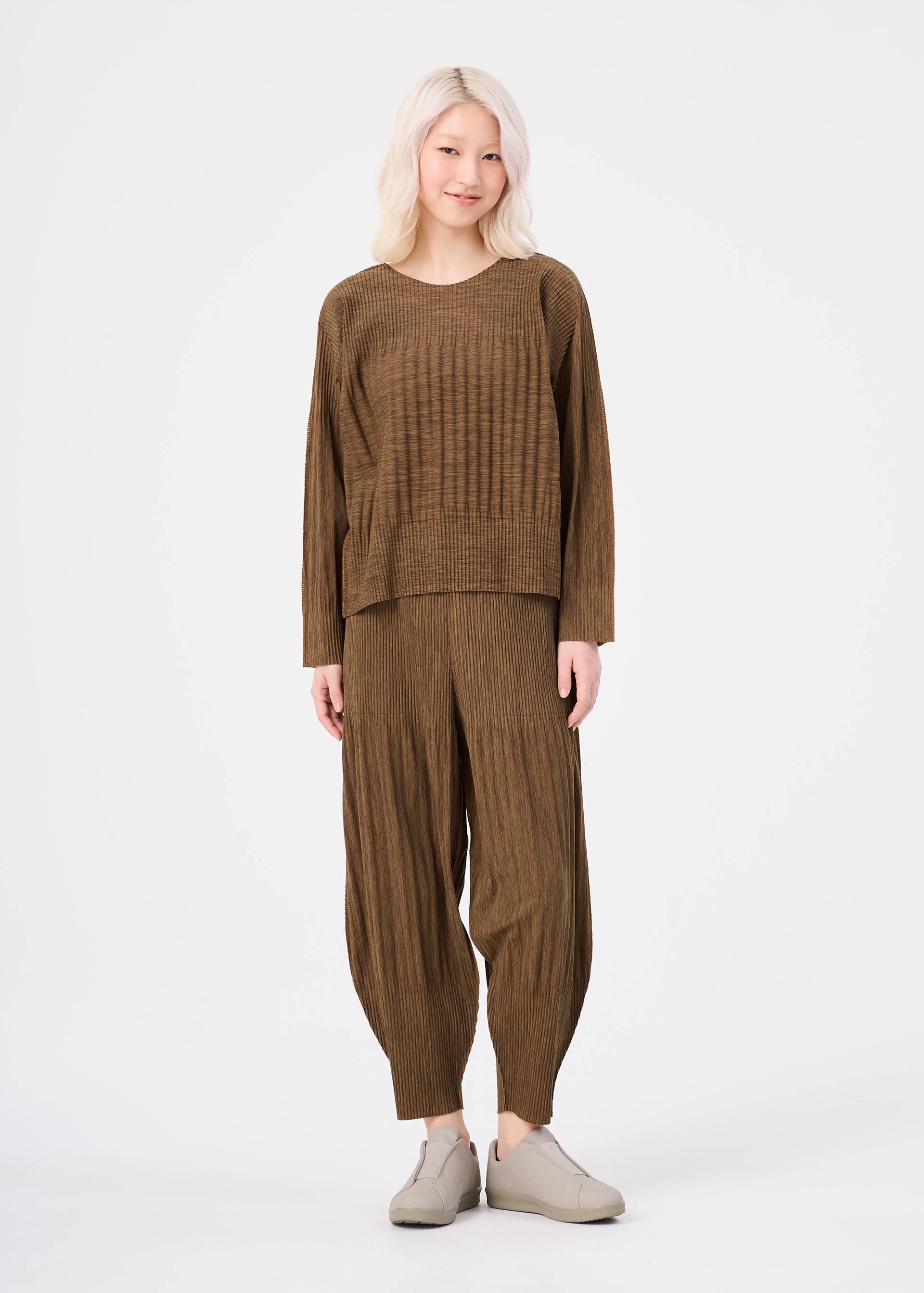 Issey Miyake Mix Fine Knit Pleats top Taupe dlouhý rukáv