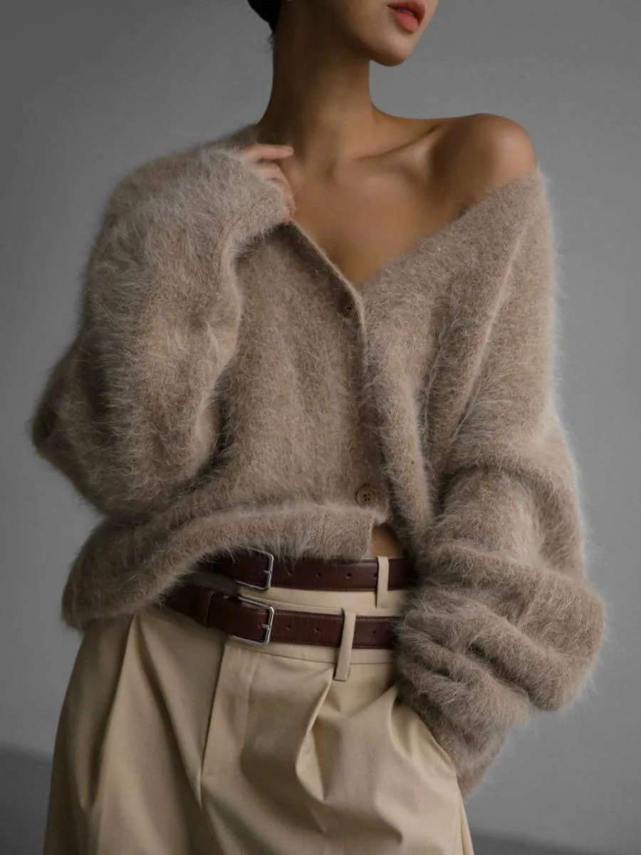 Norielle cardigan kaki oversize huňatý na knoflíky