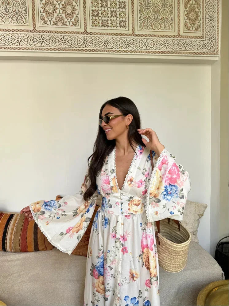 Norielle kimono maxi šaty bílá květované
