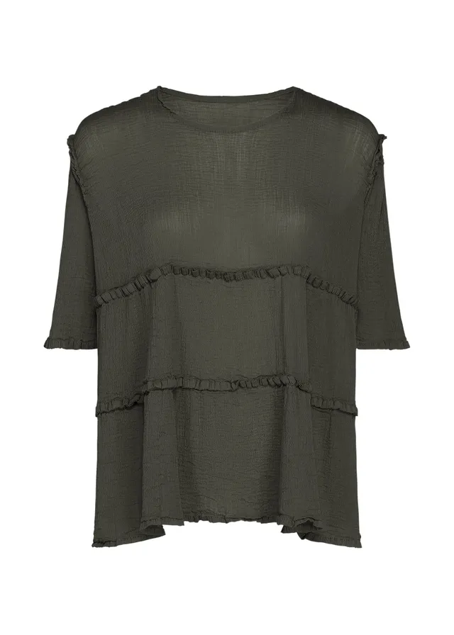 Issey Miyake Flare See-Through Crepe top charcoal krátký rukáv