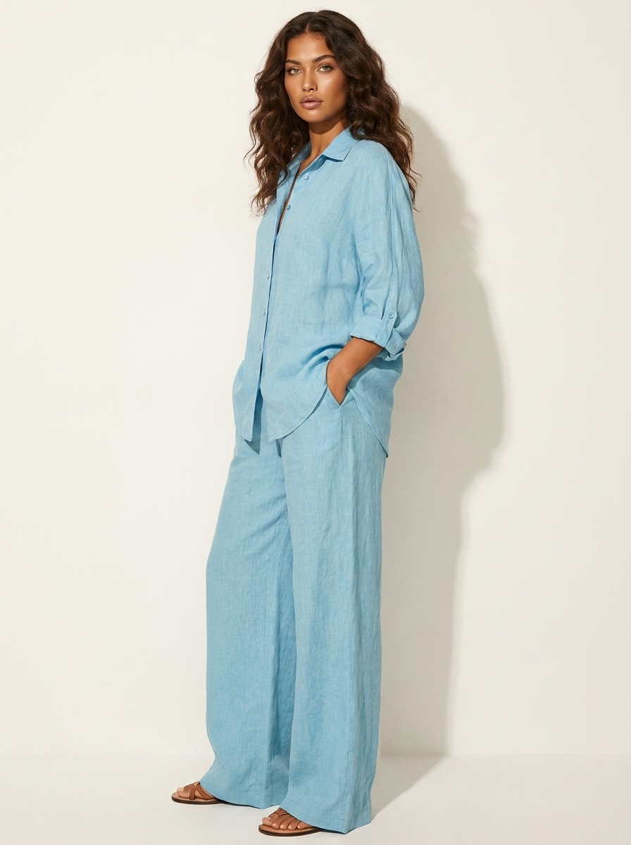 Norielle lněná souprava modrá košile kalhoty