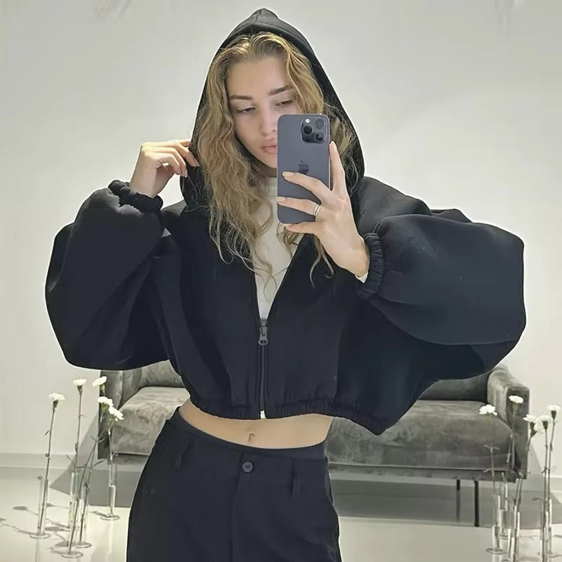 Norielle crop mikina na zip s kapucí růžová S zkrácená