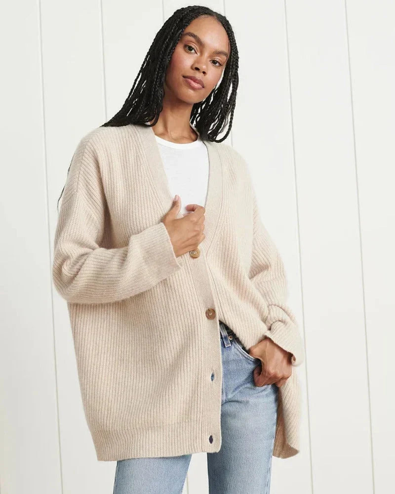Norielle žebrovaný cardigan camel oversize s knoflíky