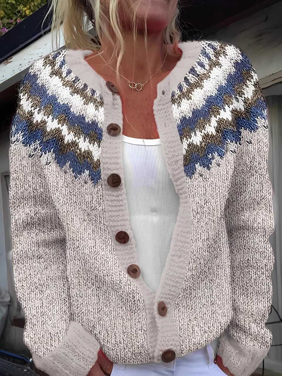 Norielle cardigan norský vzor béžový M na knoflíky