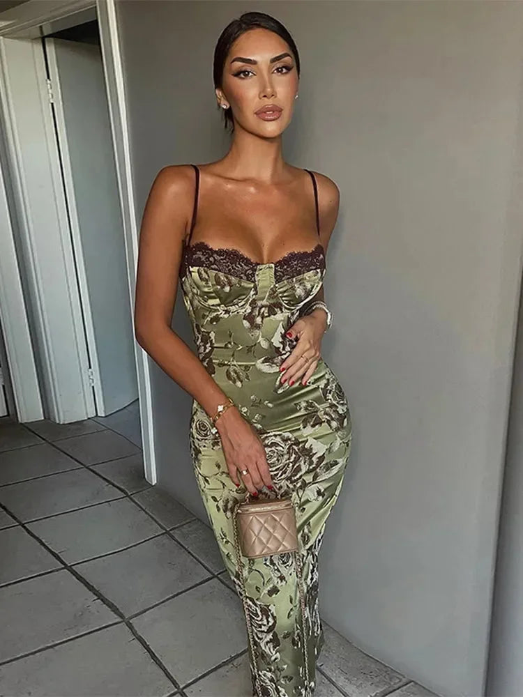 Norielle midi bustier šaty zelené květinový satén