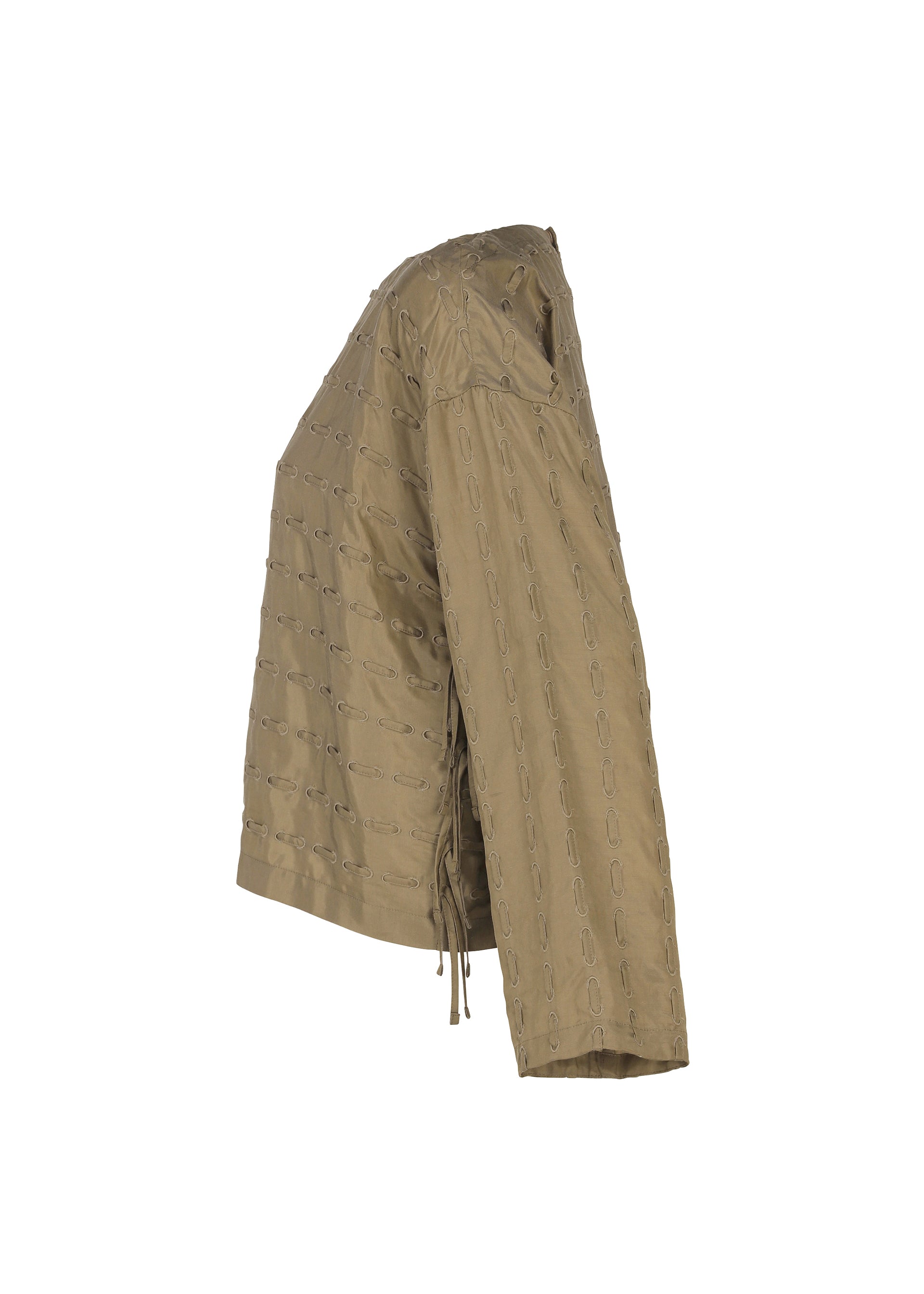 Issey Miyake Hole & Line top khaki s mašlemi