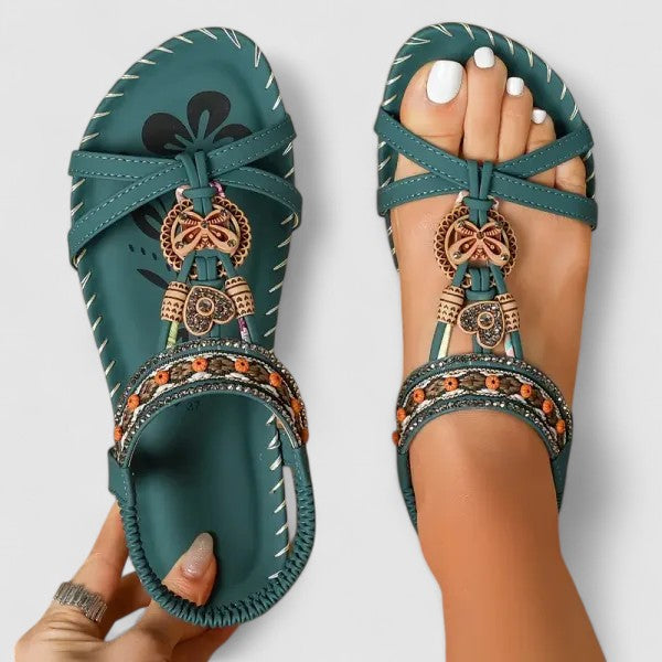 Norielle ploché sandály zelené boho zdobené