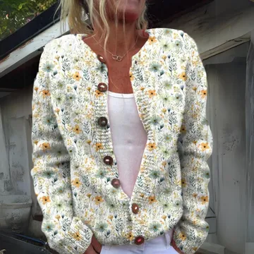 Norielle květovaný pletený cardigan zelený na knoflíky