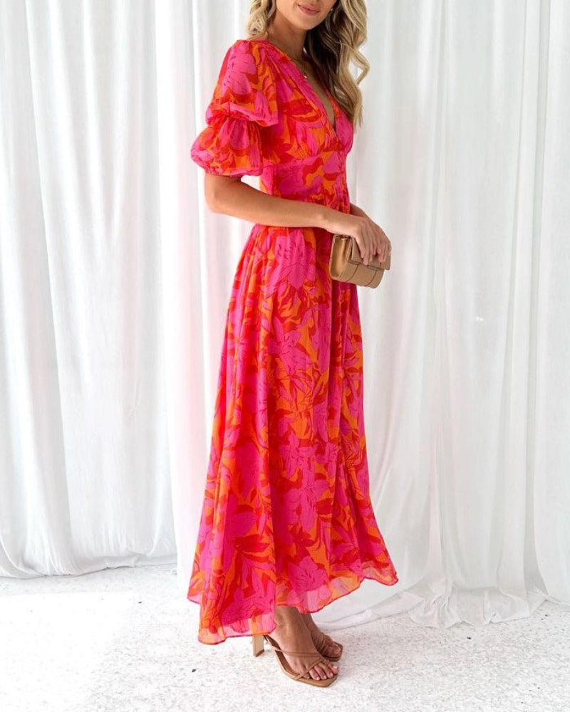 Norielle boho dlouhé šaty s potiskem růžové