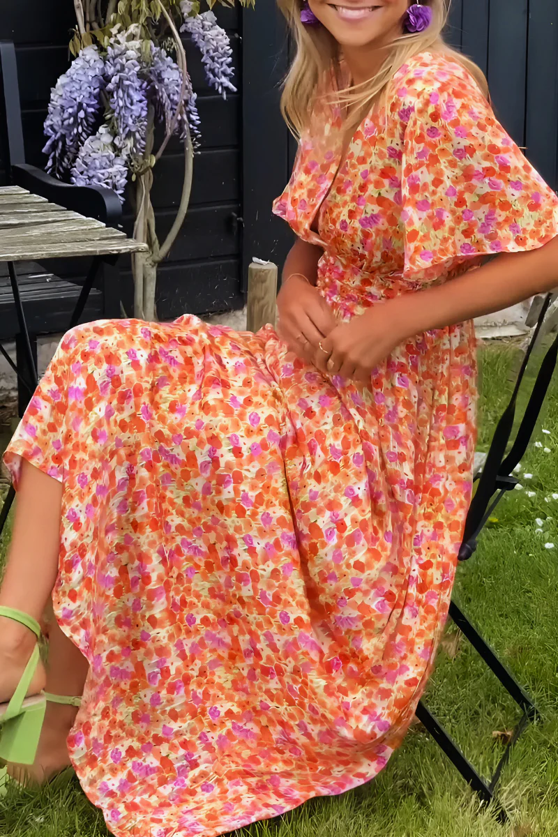 Norielle květinové dlouhé šaty s krátkým rukávem oranžové