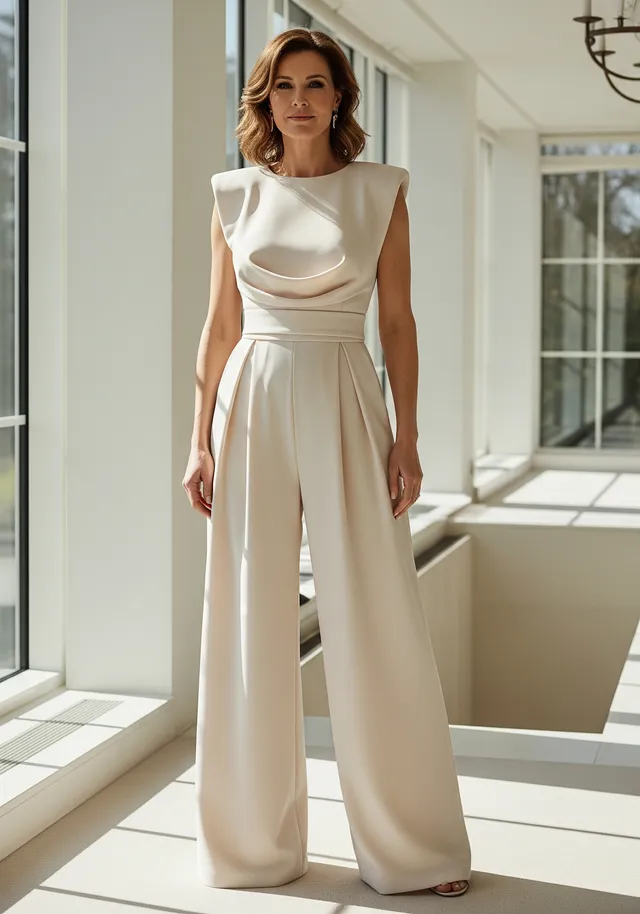 Norielle Drapé elegantní overal béžový široké nohavice