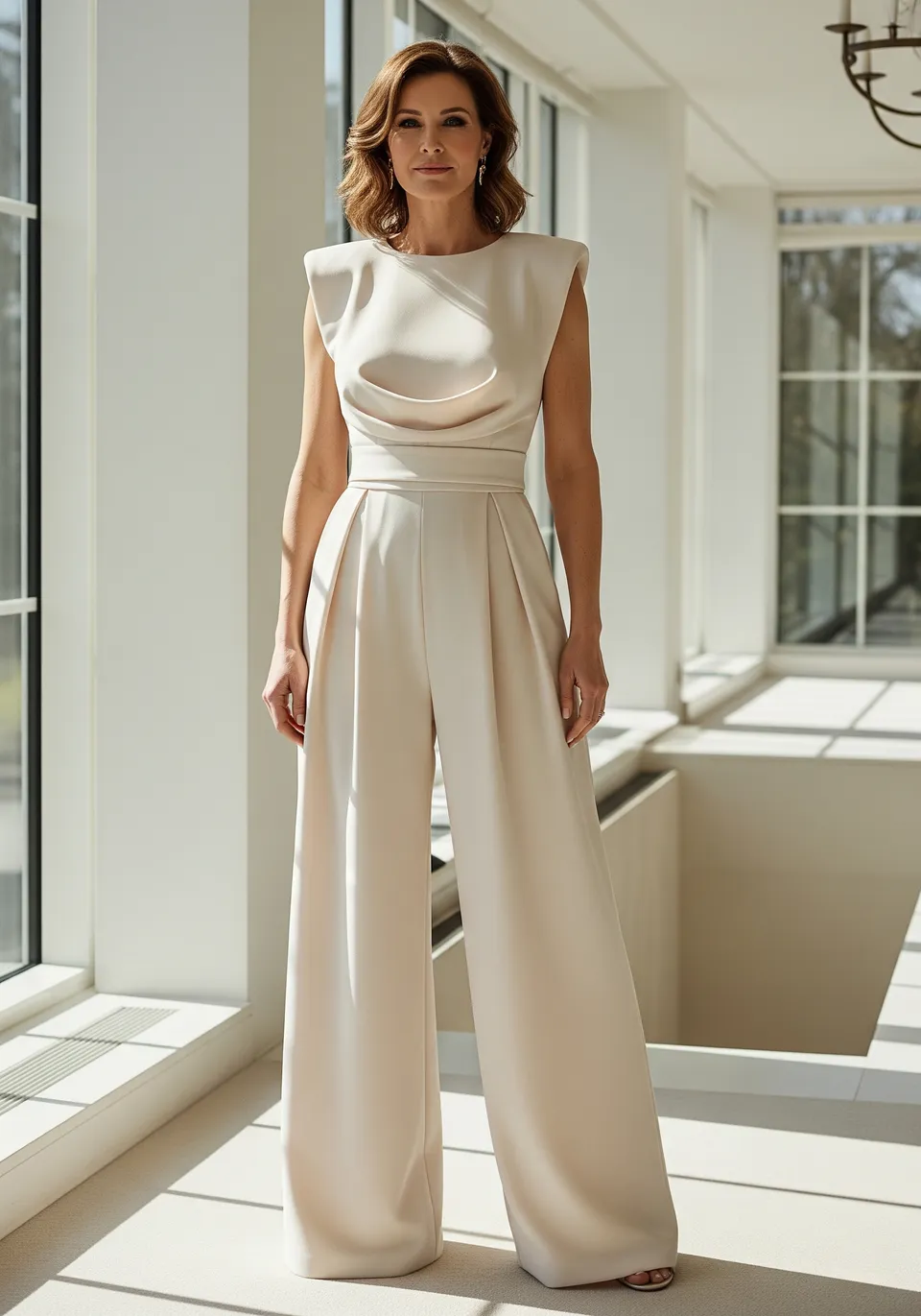 Norielle Drapé elegantní overal béžový široké nohavice