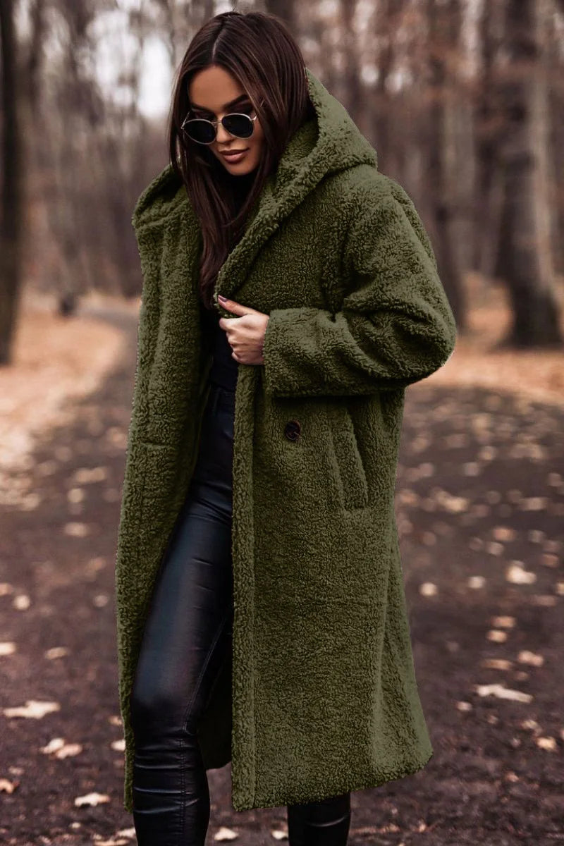 Norielle Faux Fur dlouhý kabát hnědý s kapsami