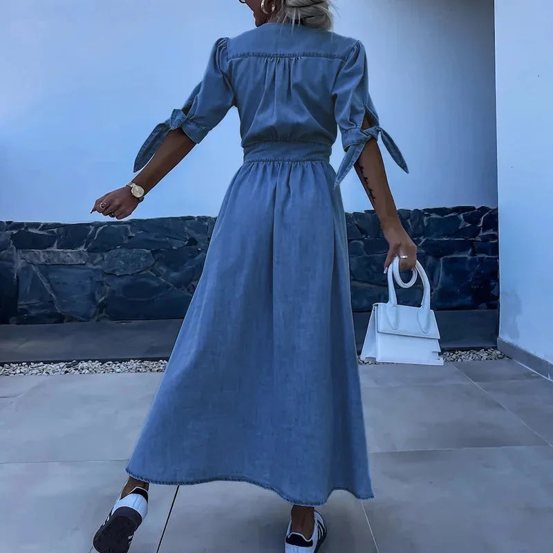 Norielle zavinovací maxi šaty s véčkem denim