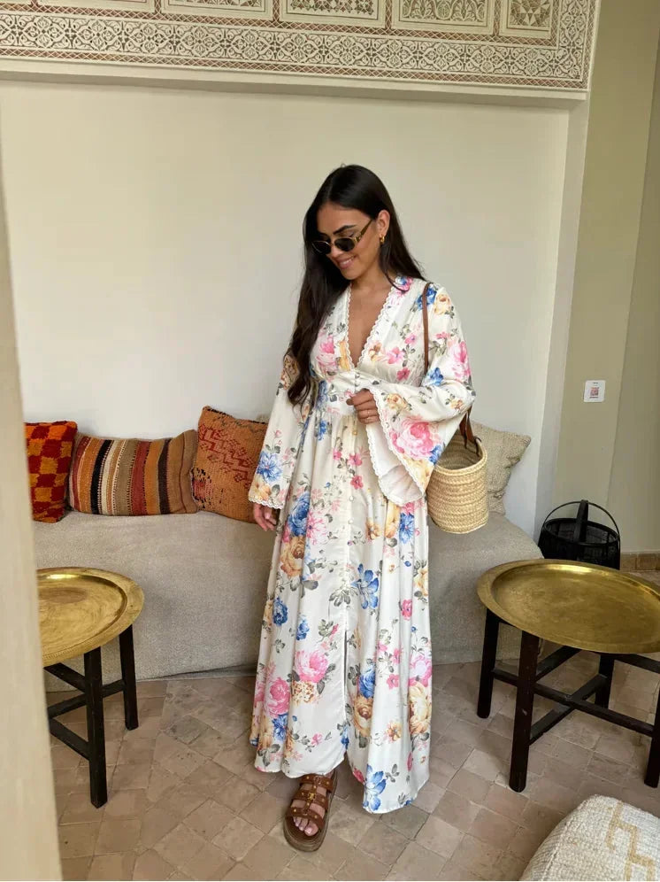 Norielle kimono maxi šaty bílá květované