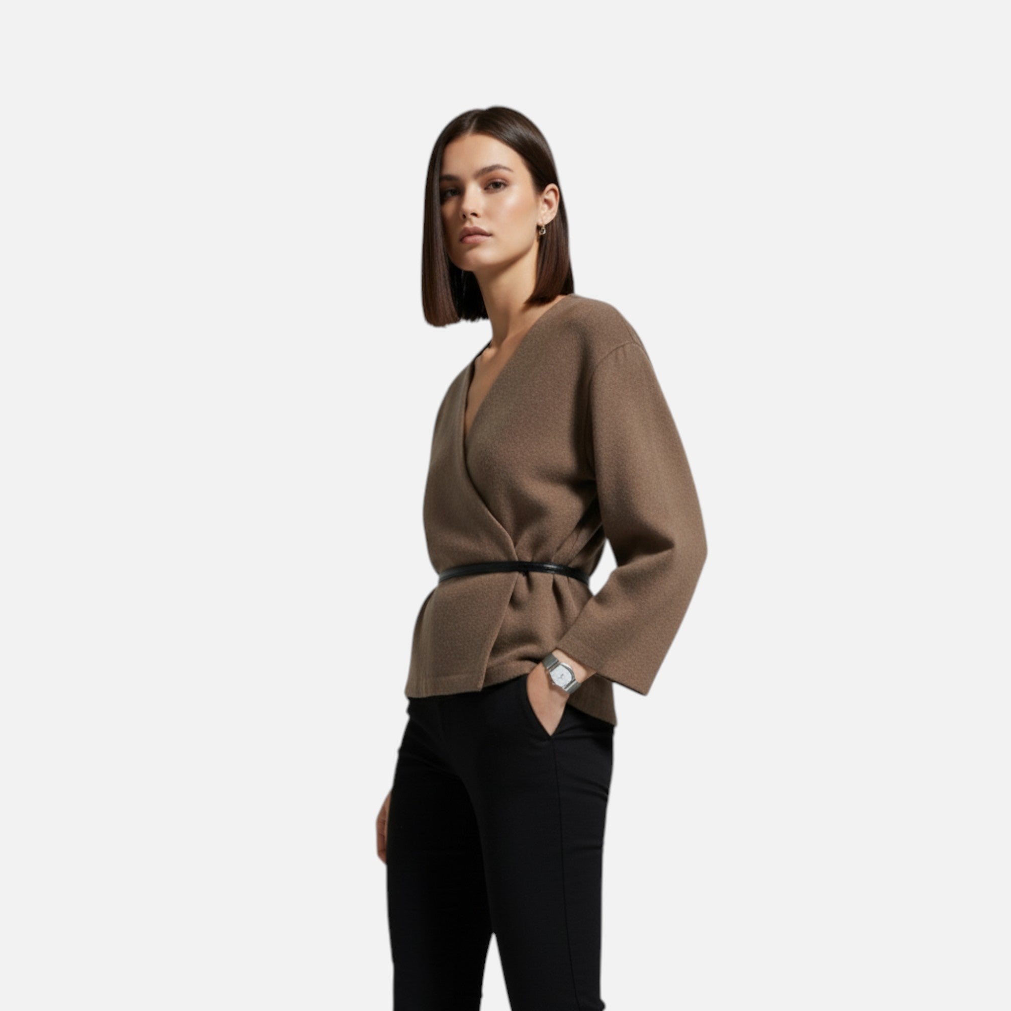 Norielle elegantní zavinovací svetr s páskem khaki