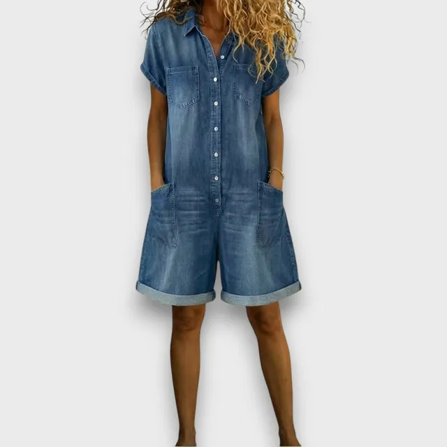 Norielle modrý kraťasový overal denim knoflíky kapsy