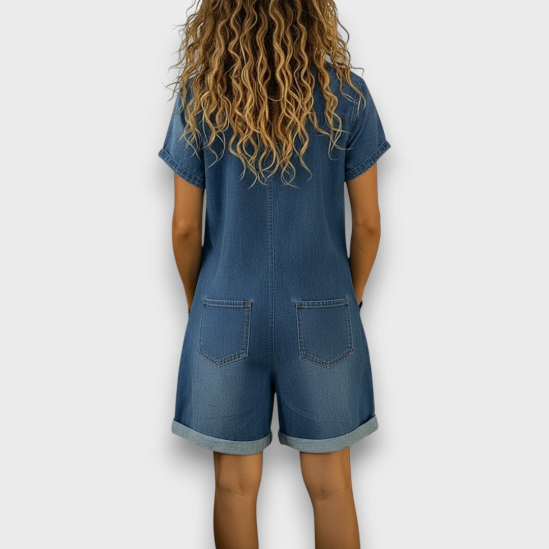 Norielle modrý kraťasový overal denim knoflíky kapsy
