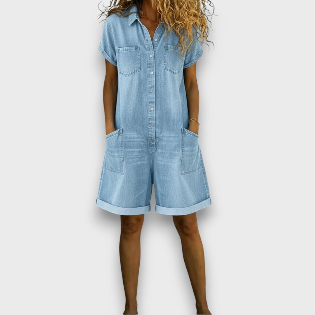 Norielle modrý kraťasový overal denim knoflíky kapsy