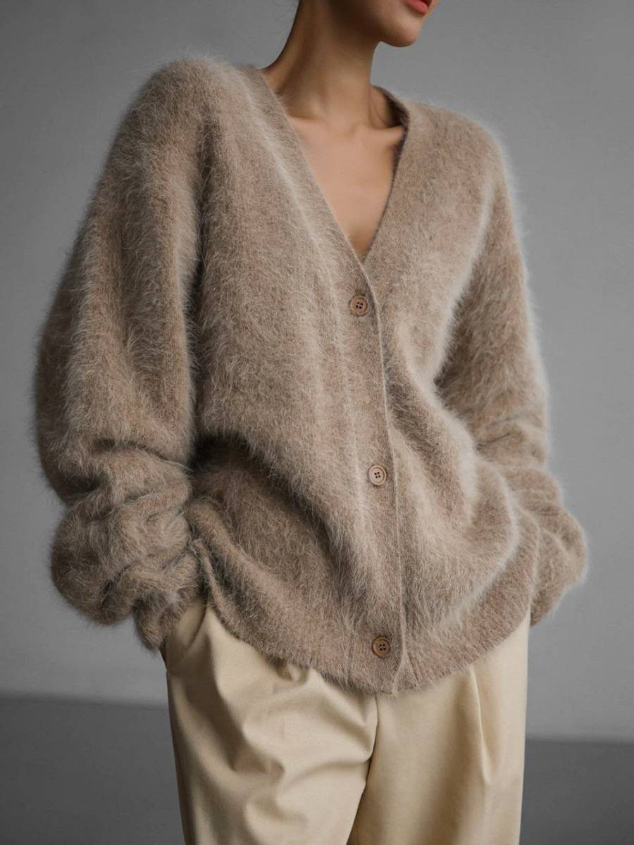 Norielle cardigan kaki oversize huňatý na knoflíky