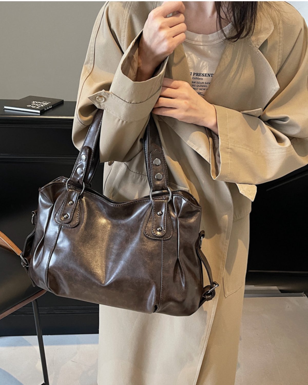Norielle velká shopper kabelka černá zrnitá kůže