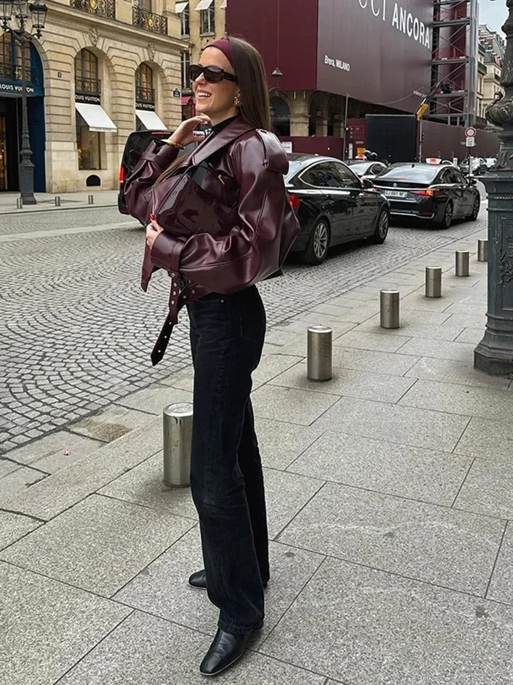 Norielle krátká oversize bunda z eko kůže hnedá