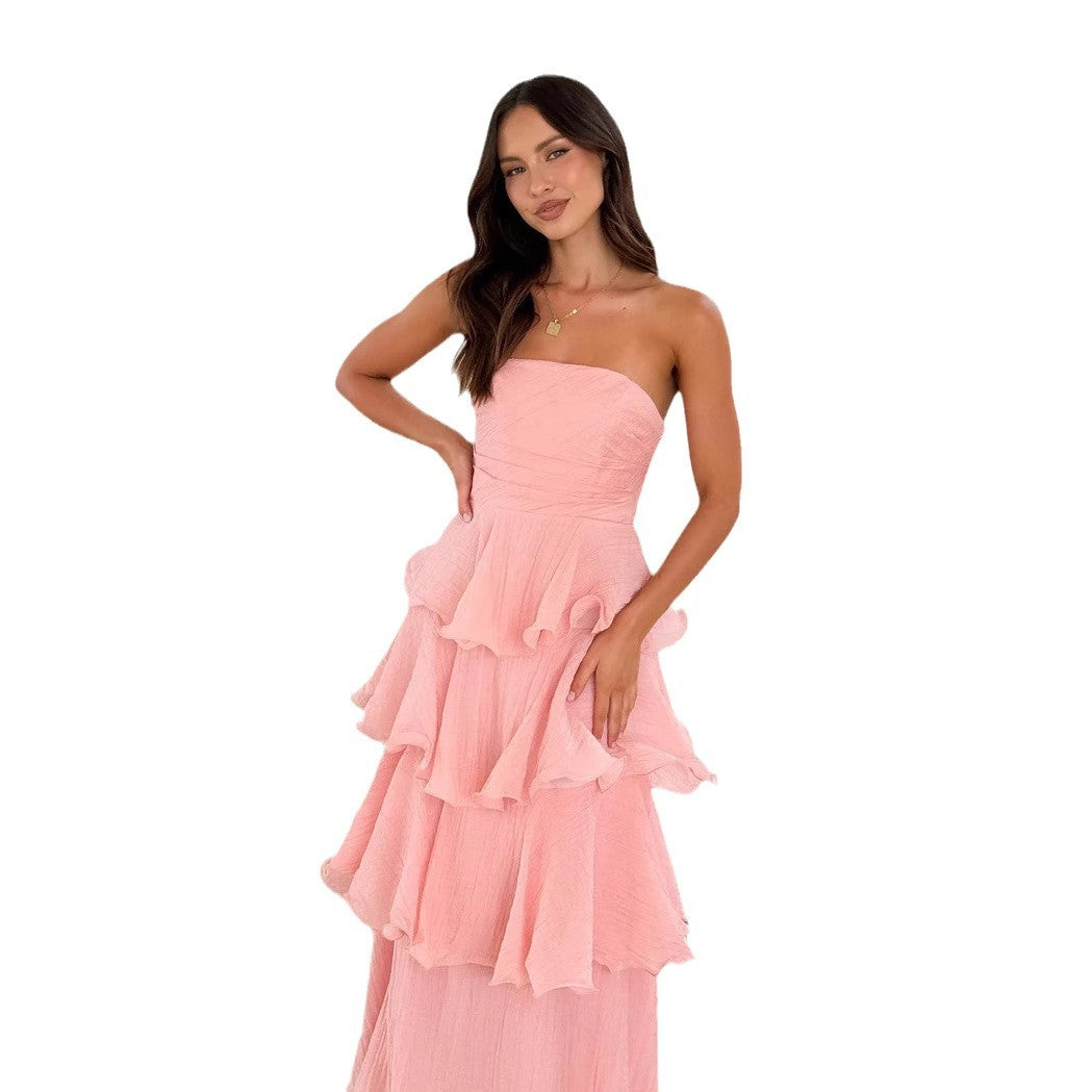 Norielle dlouhé bustier šaty volány růžová
