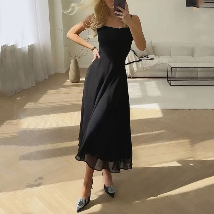 Norielle midi šaty na ramínka áčková sukně černá