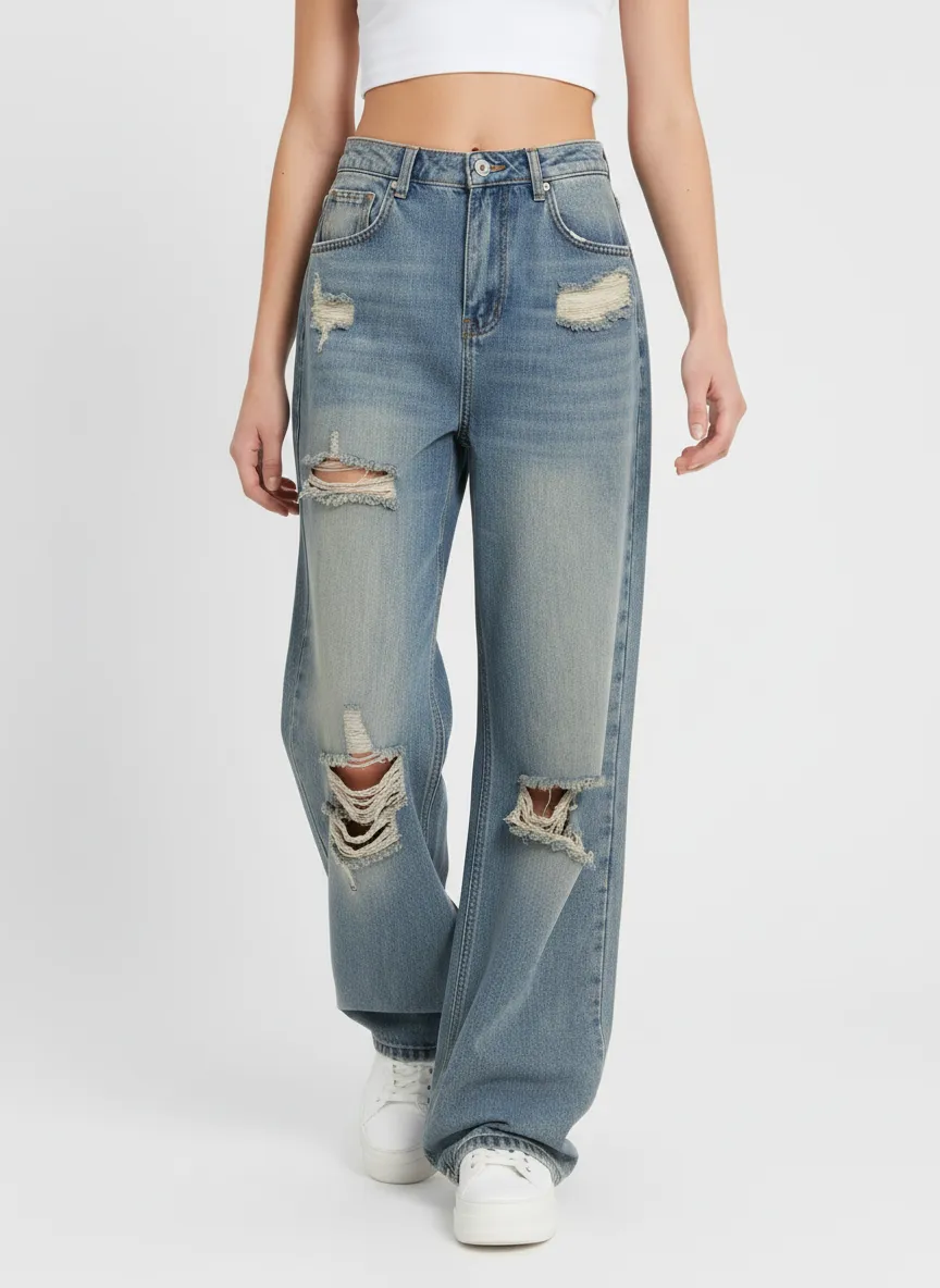 Norielle široké potrhané džíny high waist modré