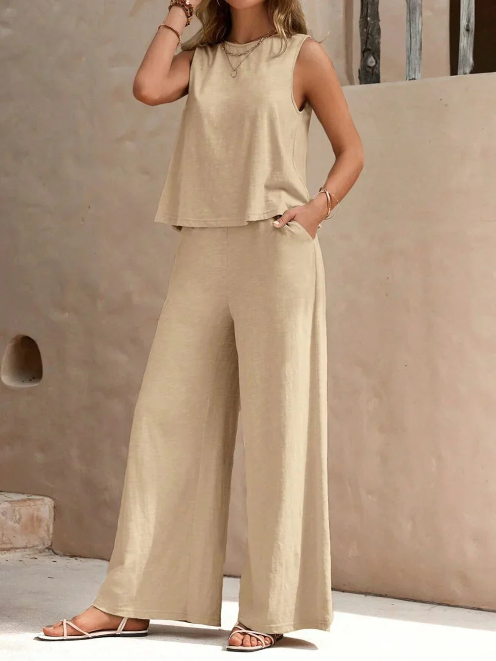 Norielle letní dámská souprava top a kalhoty khaki