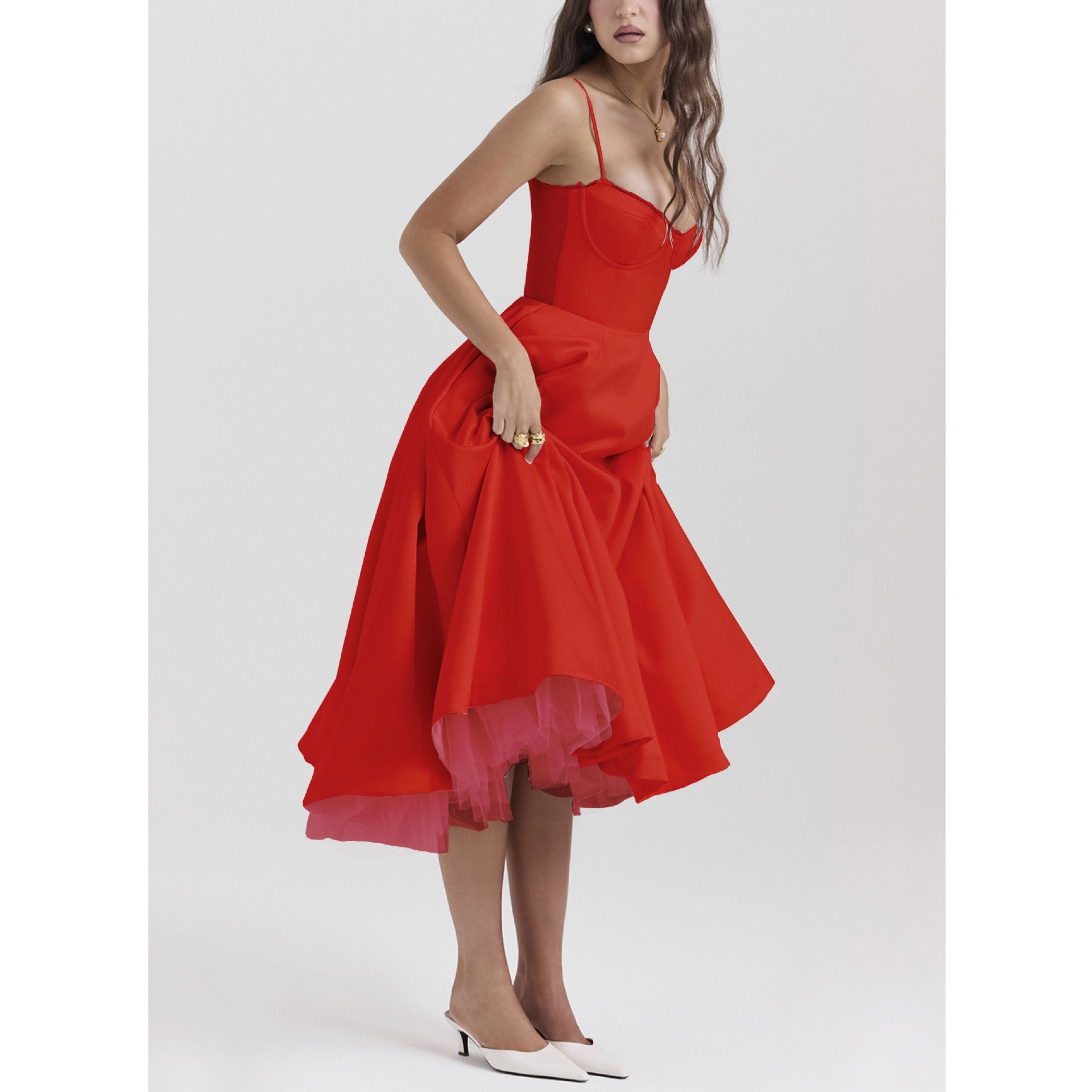 Norielle midi bustier šaty s širokou sukni bez rukávů