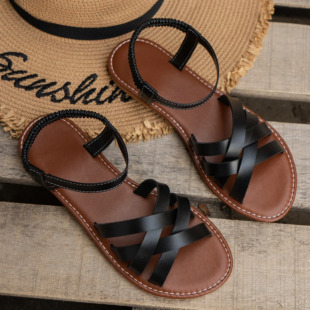 Norielle boho sandály ploché hnědé s pásky