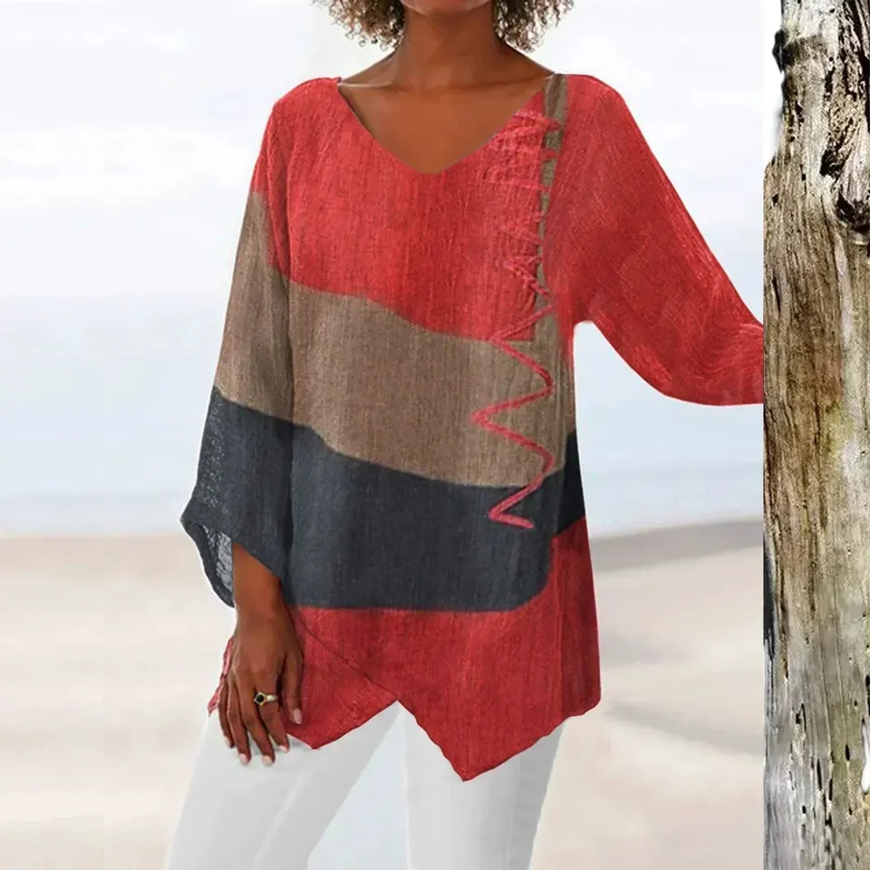 Norielle Patchwork boho tunika s véčkem červená