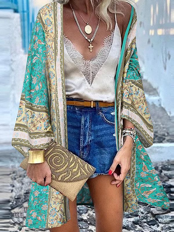 Norielle boho dlouhé kimono s potiskem tyrkysová