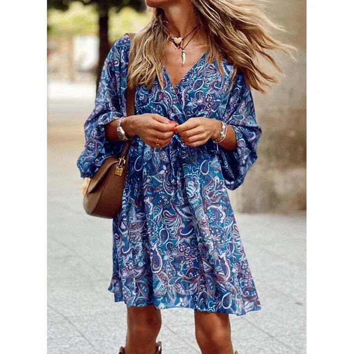 Norielle boho vzorované mini šaty s dlouhým rukávem modré