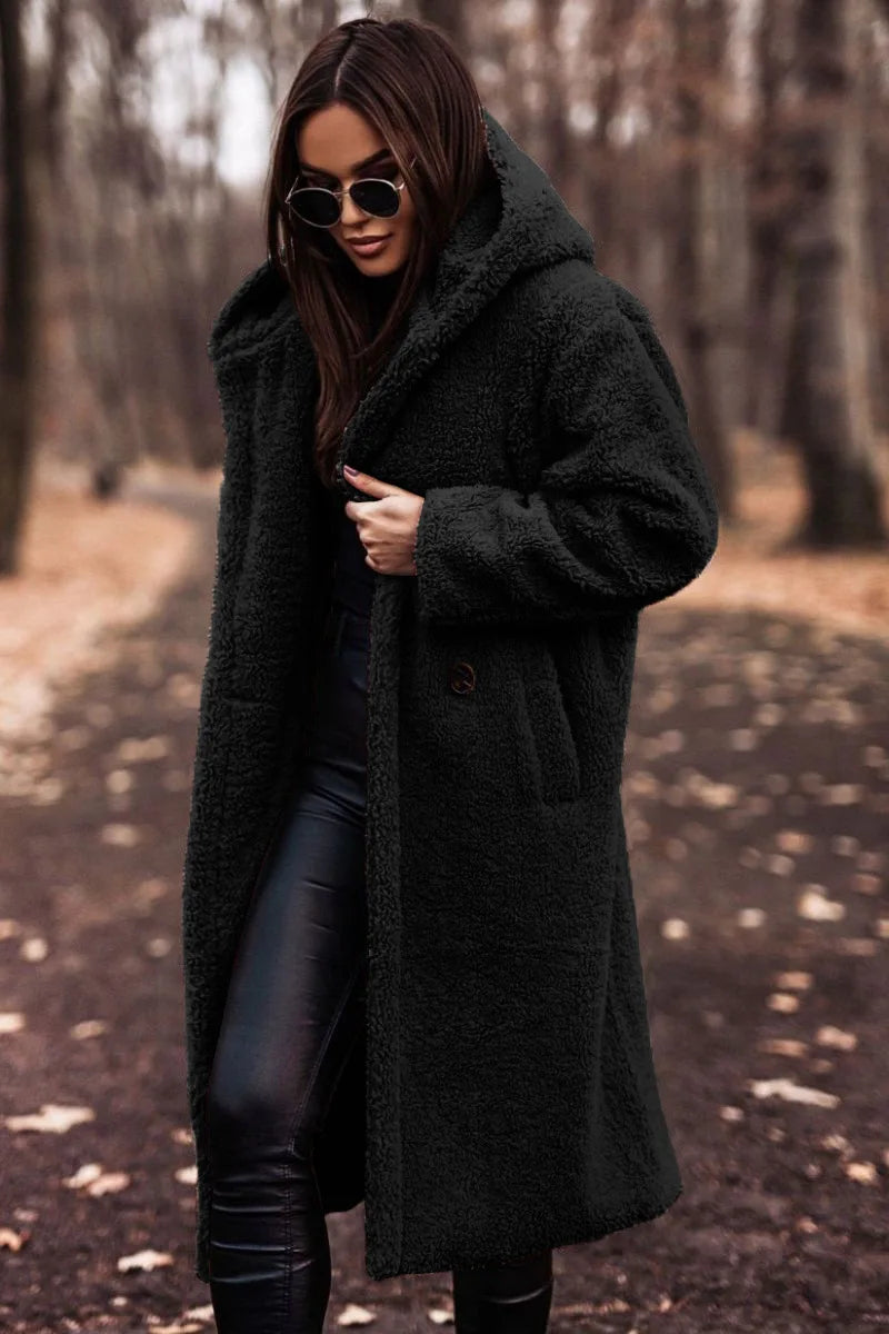 Norielle Faux Fur dlouhý kabát hnědý s kapsami