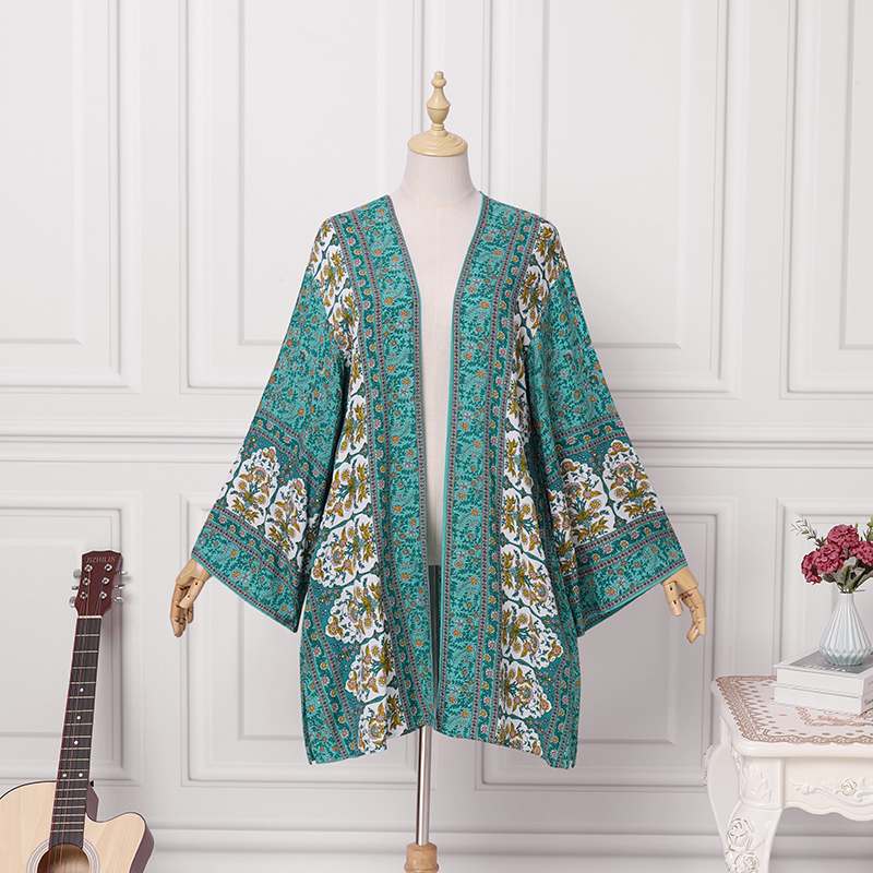 Norielle boho dlouhé kimono s potiskem tyrkysová