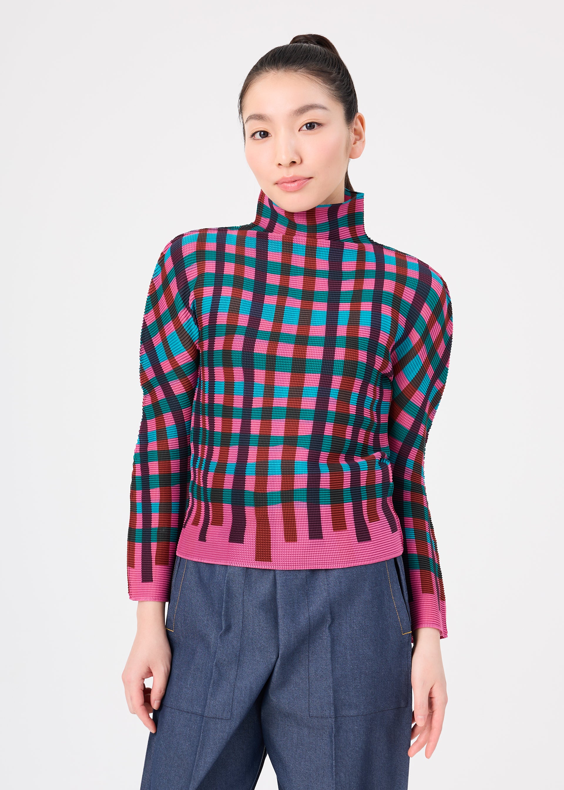 Issey Miyake Tape Check top pink-hued stretch plisé
