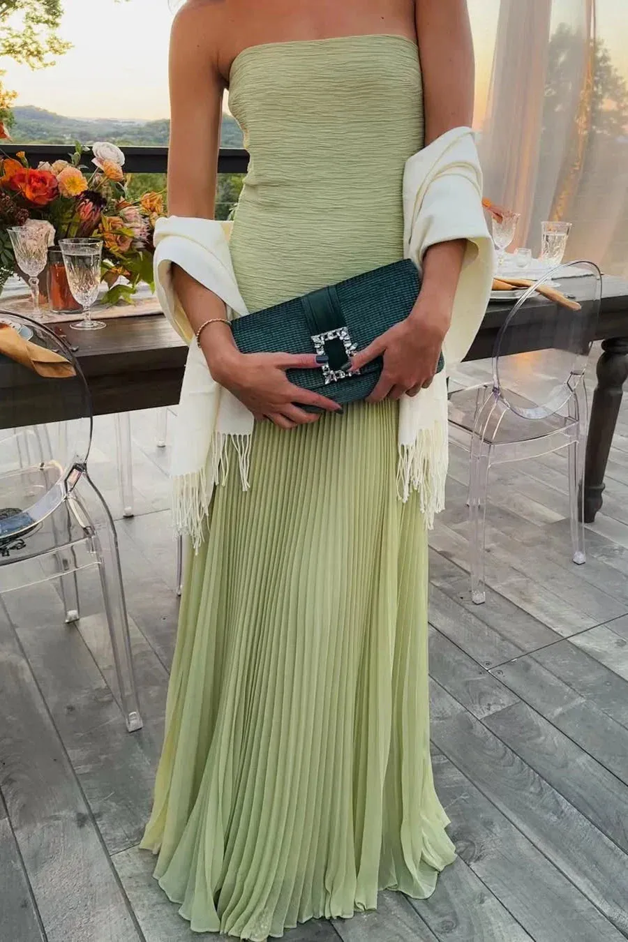 Norielle Plissée dlouhé bustier šaty zelené plisované