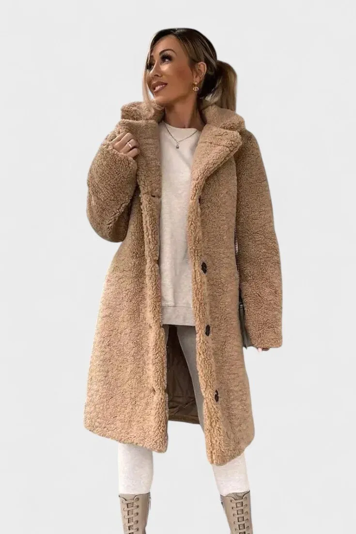 Norielle hnědý teddy kabát ke kolenům s kapsami