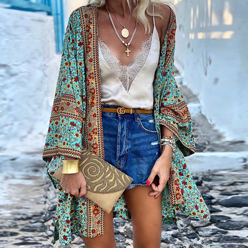 Norielle boho dlouhé kimono s potiskem tyrkysová