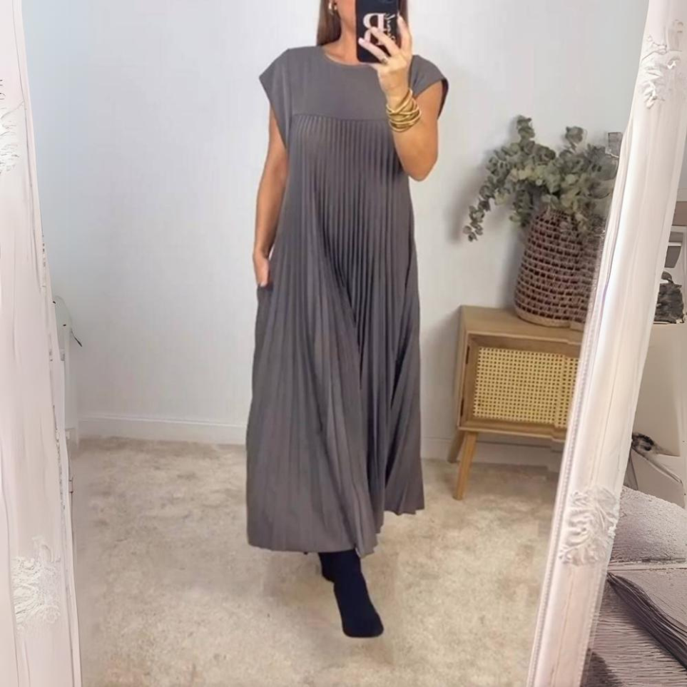 Norielle plisované midi šaty s krátkým rukávem béžové