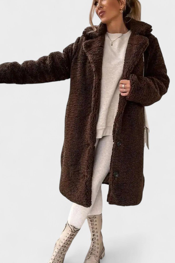 Norielle hnědý teddy kabát ke kolenům s kapsami