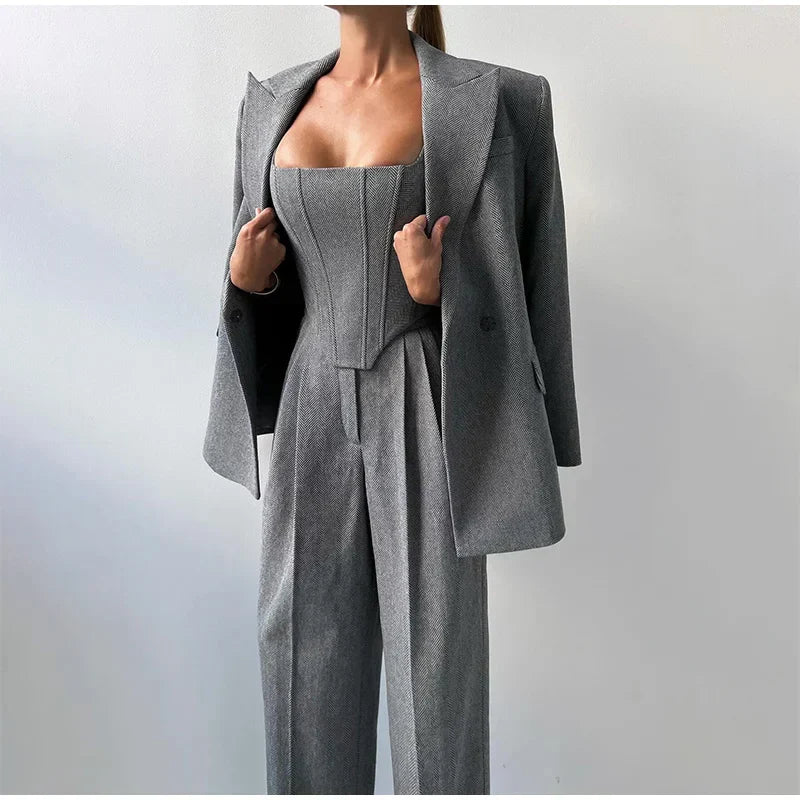 Norielle třídílný kostým sako vesta kalhoty šedý elegantní